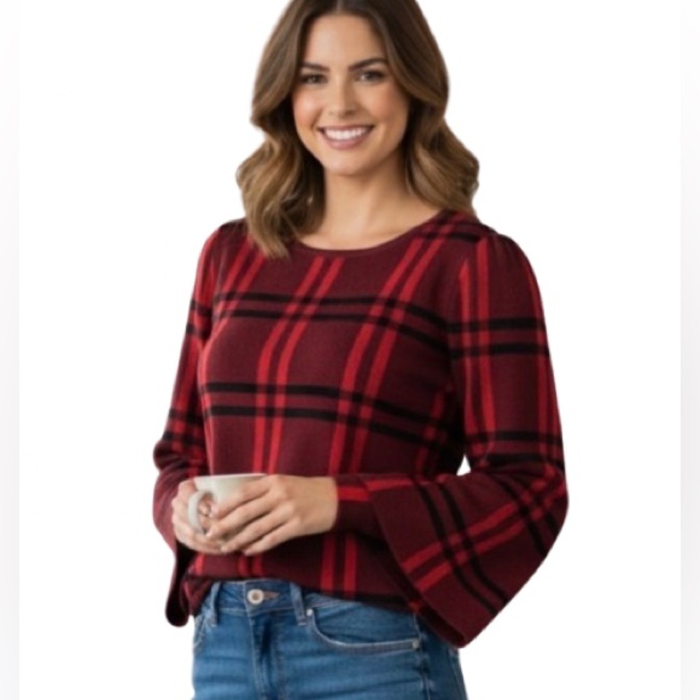 KAILY K Plaid Bell Sleeve Knitted Crew Neck Top